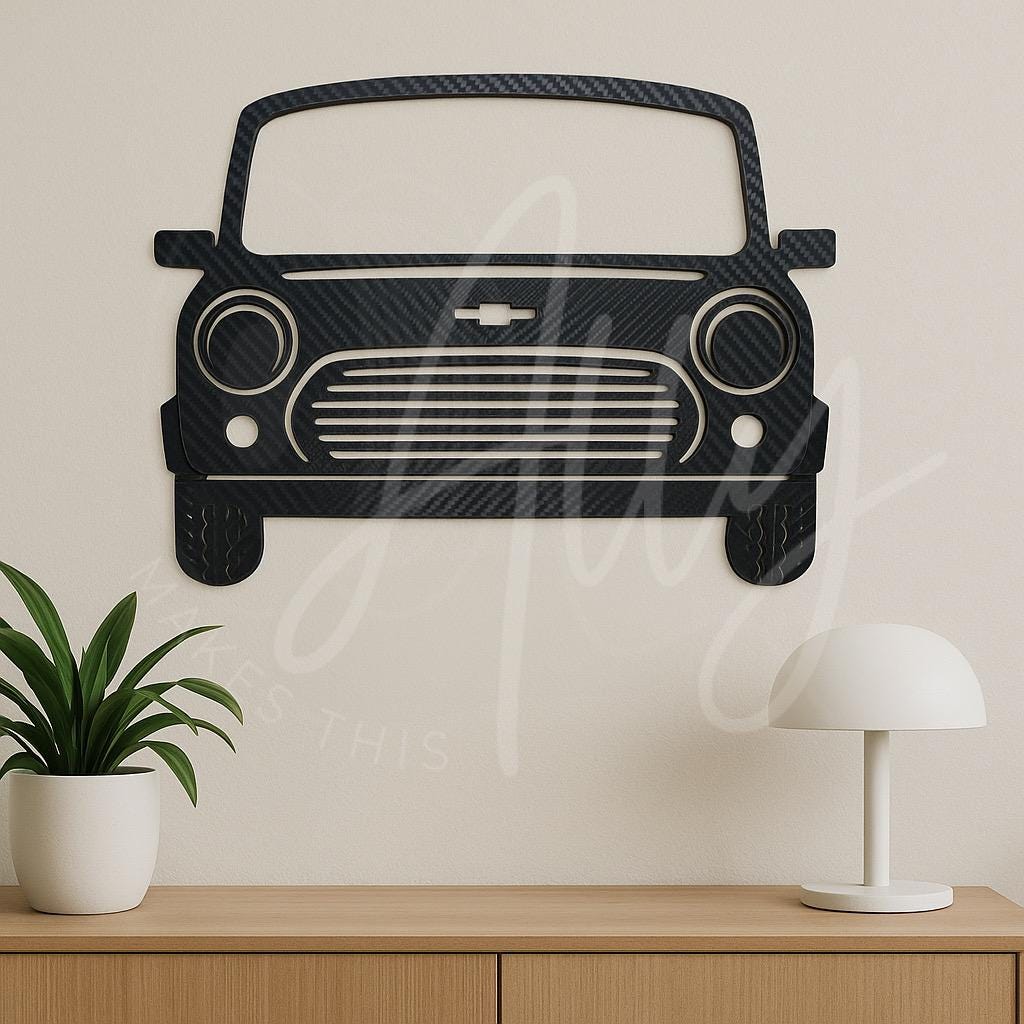 3D printed retro car wall silhouette in carbon fibre finish