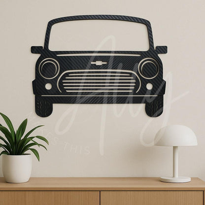 3D printed retro car wall silhouette in carbon fibre finish